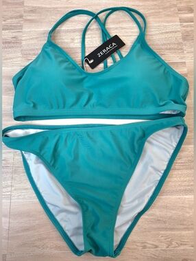 New Woman's Zeraca Medium Teal Strappy Two-Piece Bikini Set